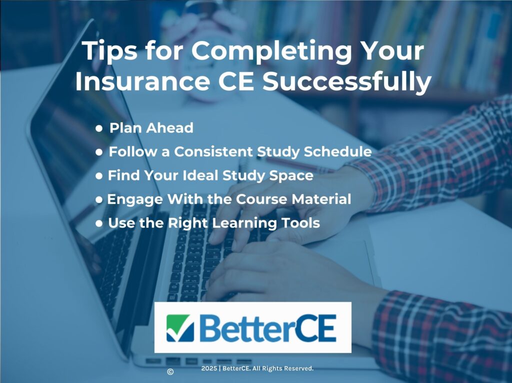 Person working on laptop in organized study environment- Five Tips for Completing Your Insurance CE Successfully.